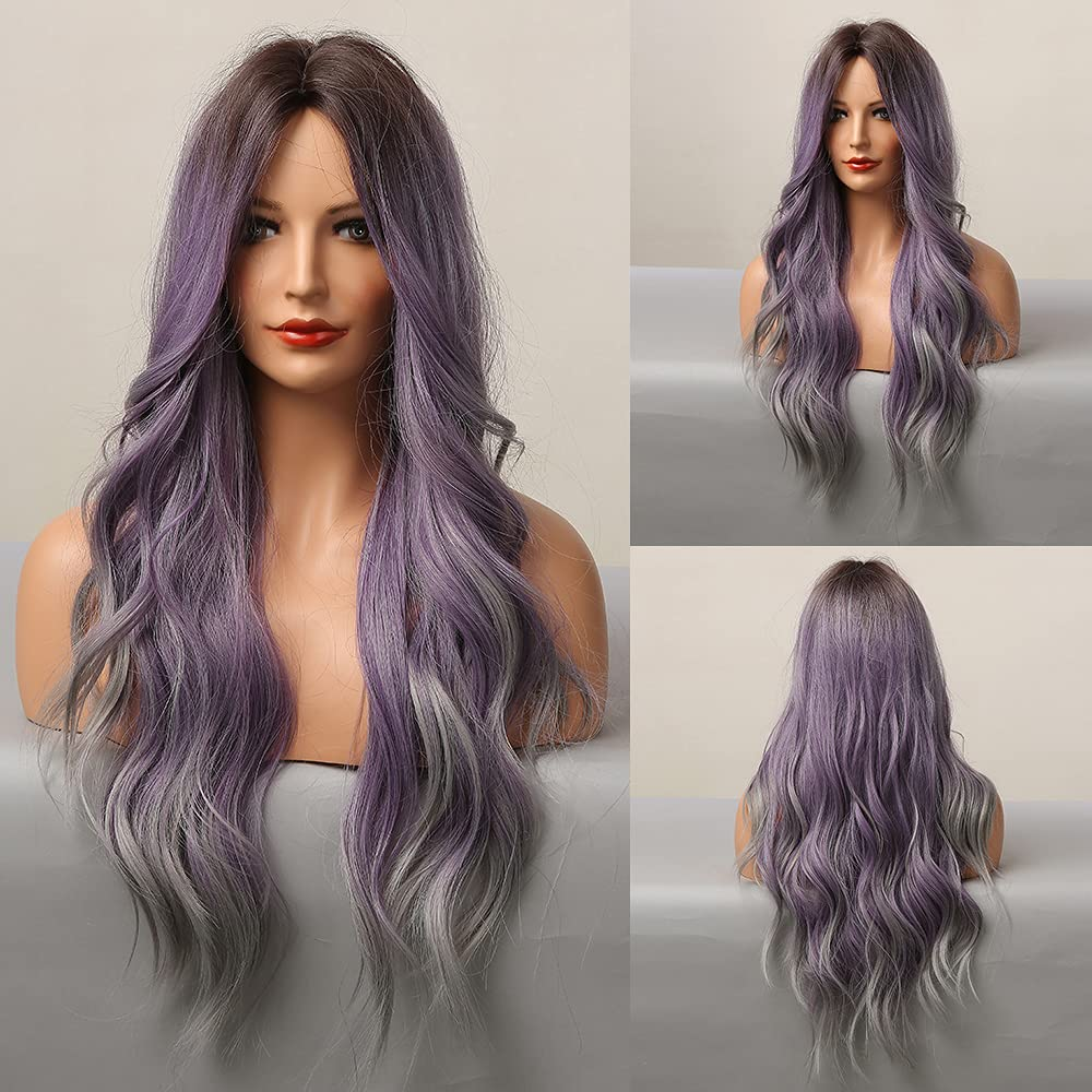 Long Wavy Ombre Purple Gray Full Wig