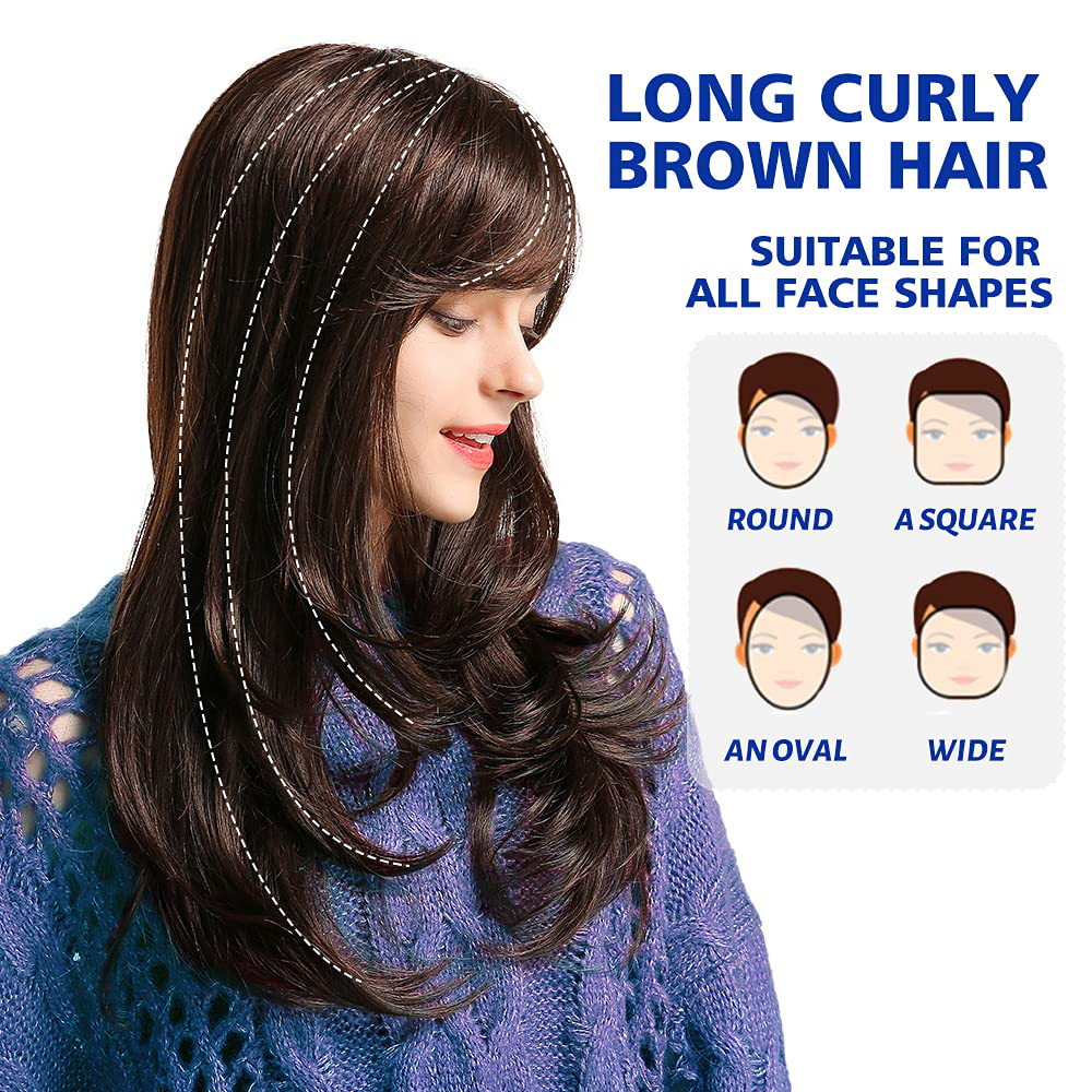 Dark Brown Long Wavy Human Hair Wig with Bangs
