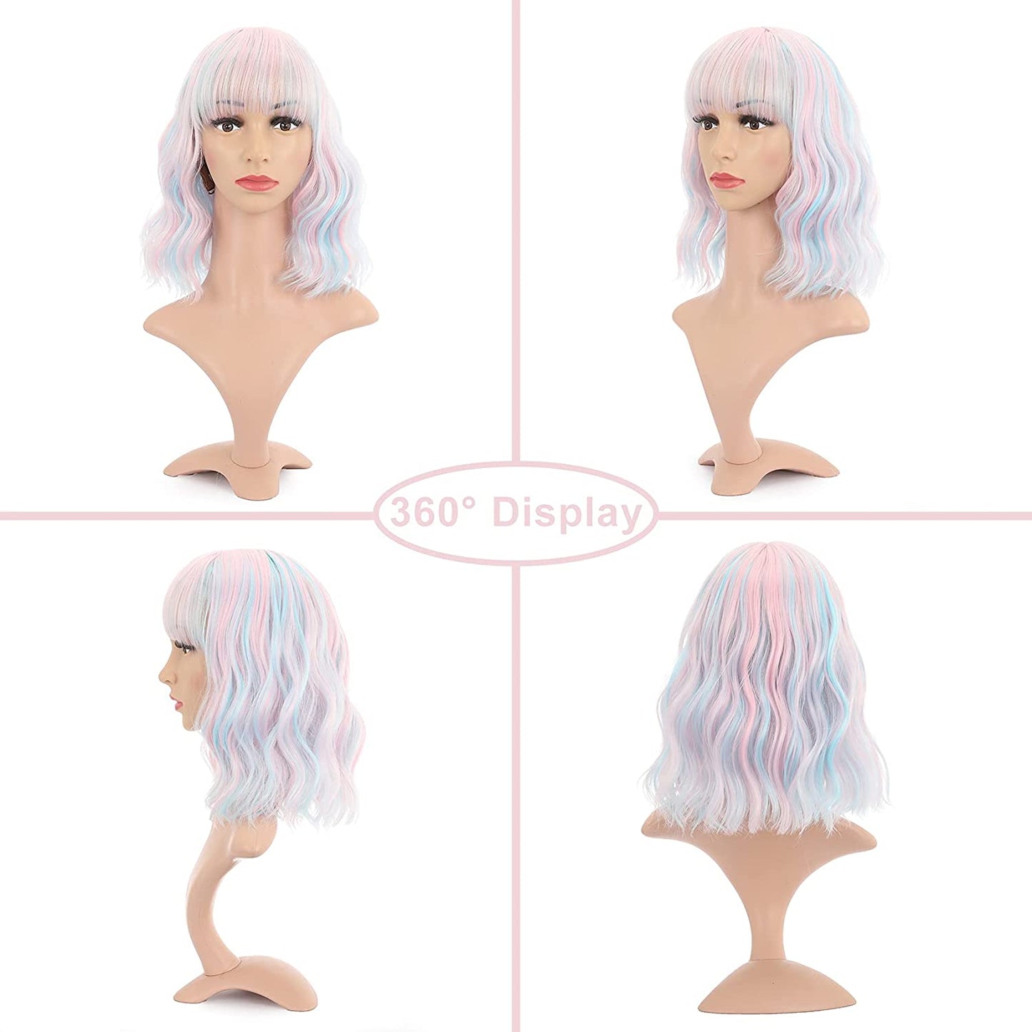 Short Wavy Pink Wig With Air Bangs