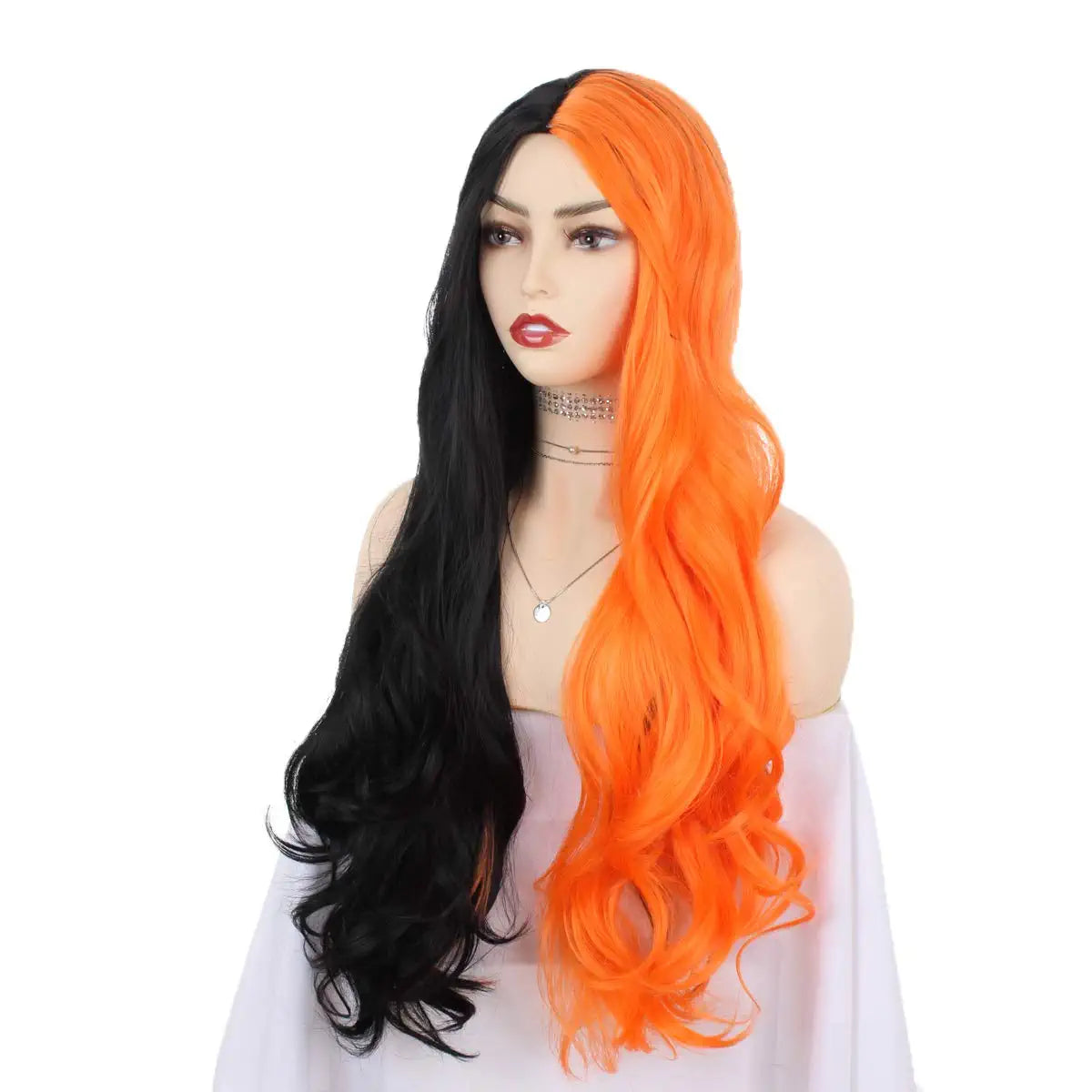 Half Black Half Orange Long Straight Synthetic Wig