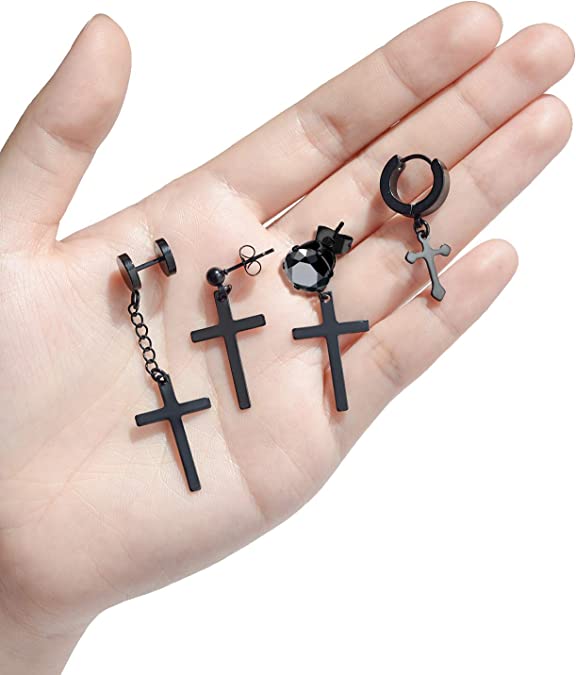 Black Stainless Steel Cross Dangle Earrings