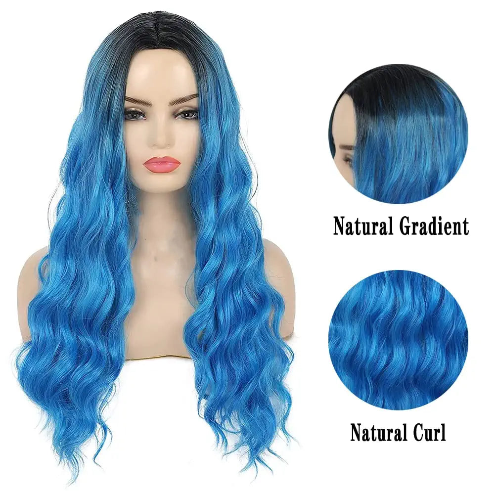 Ombre Blue Long Straight Hair Wig with Bang