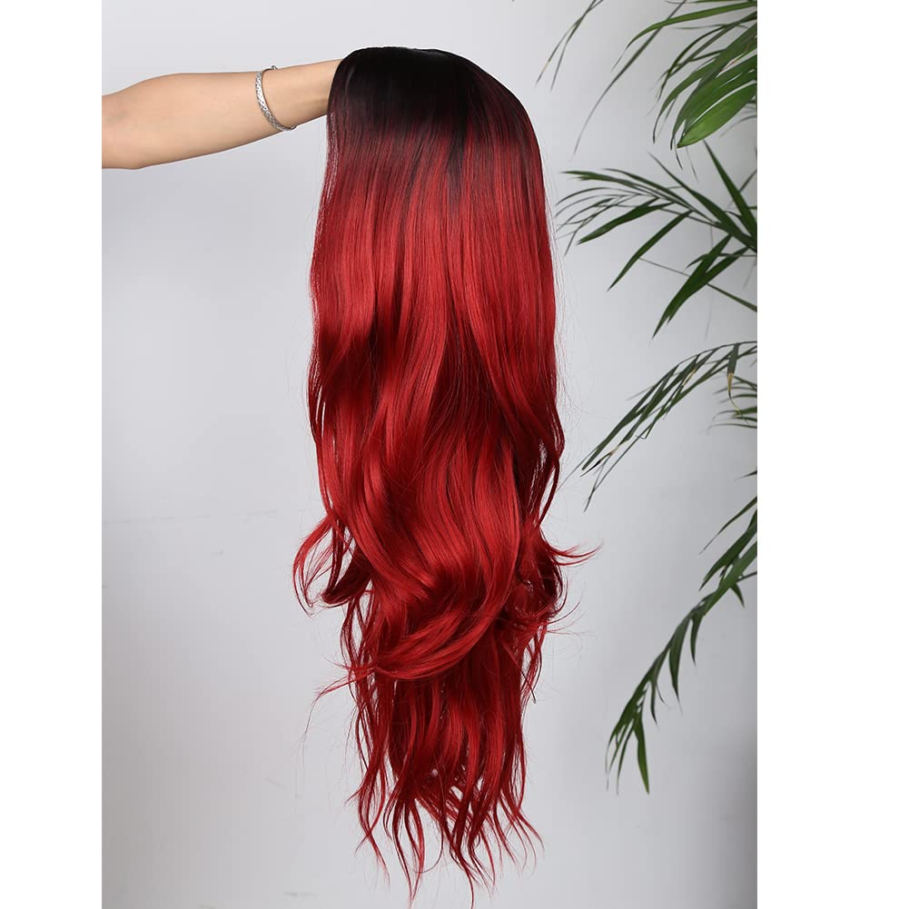 Long Black Roots Red Wavy Wig for Women