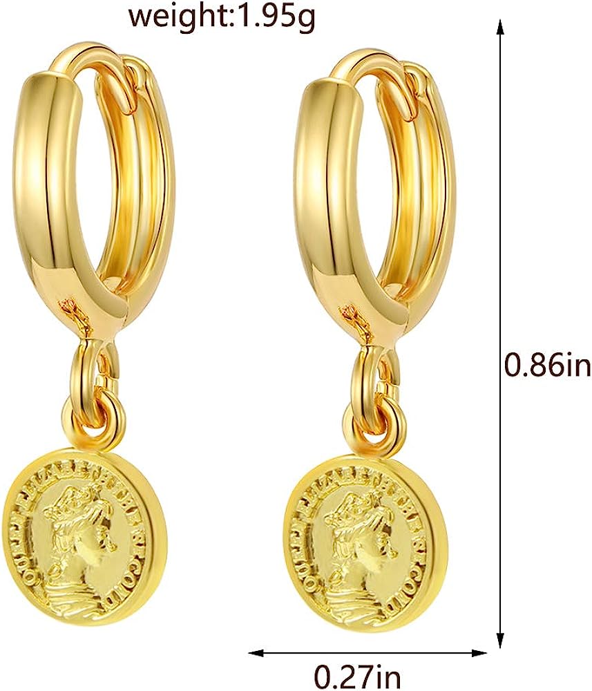 18K Gold Coin Dangle Earrings for Women