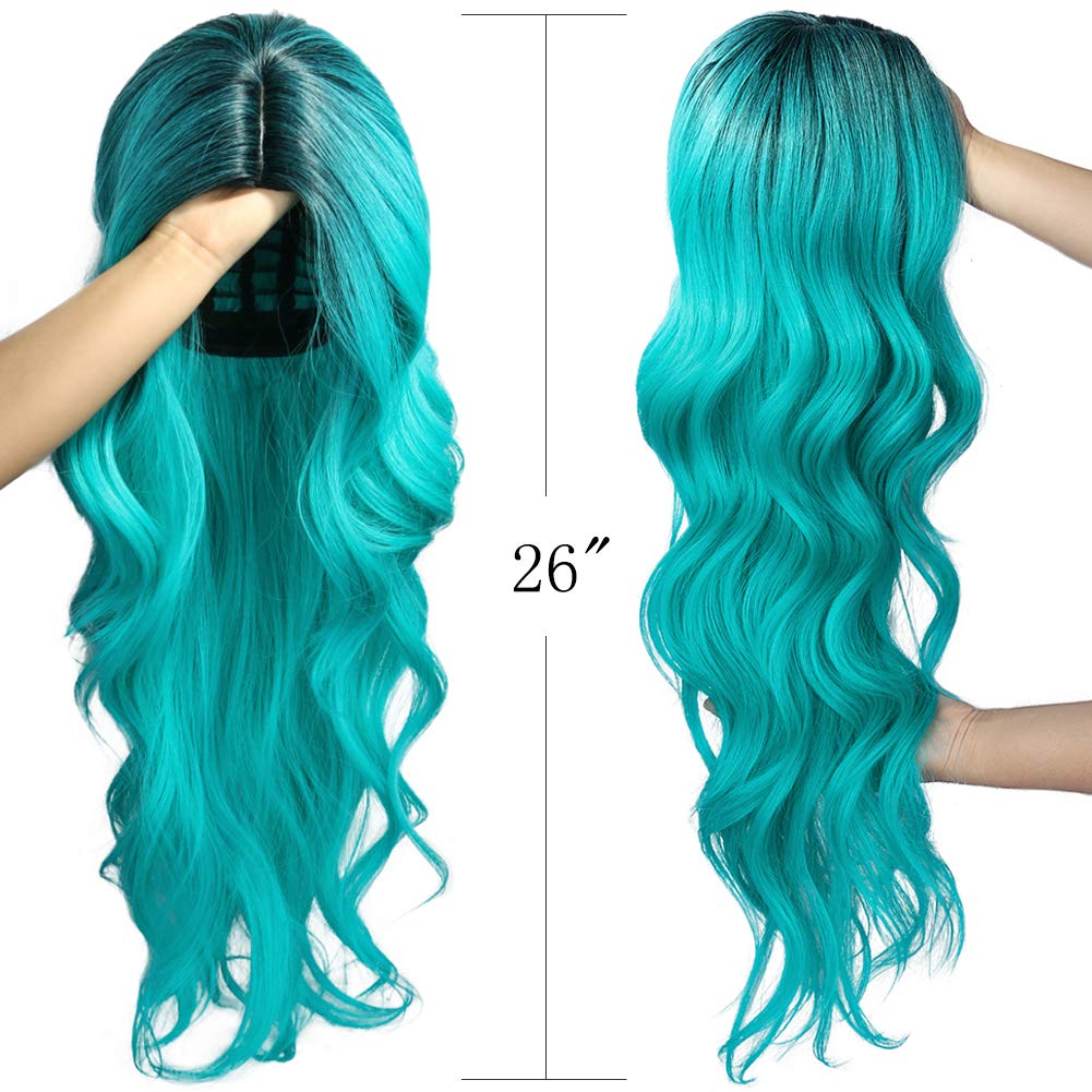 Ombre Black Roots Teal Curly Wig