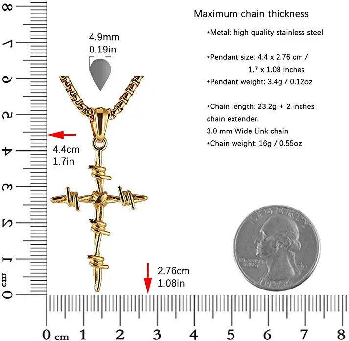 Gold Necklace -Barbed Wire Cross Pendant 316 Stainless Steel Chain