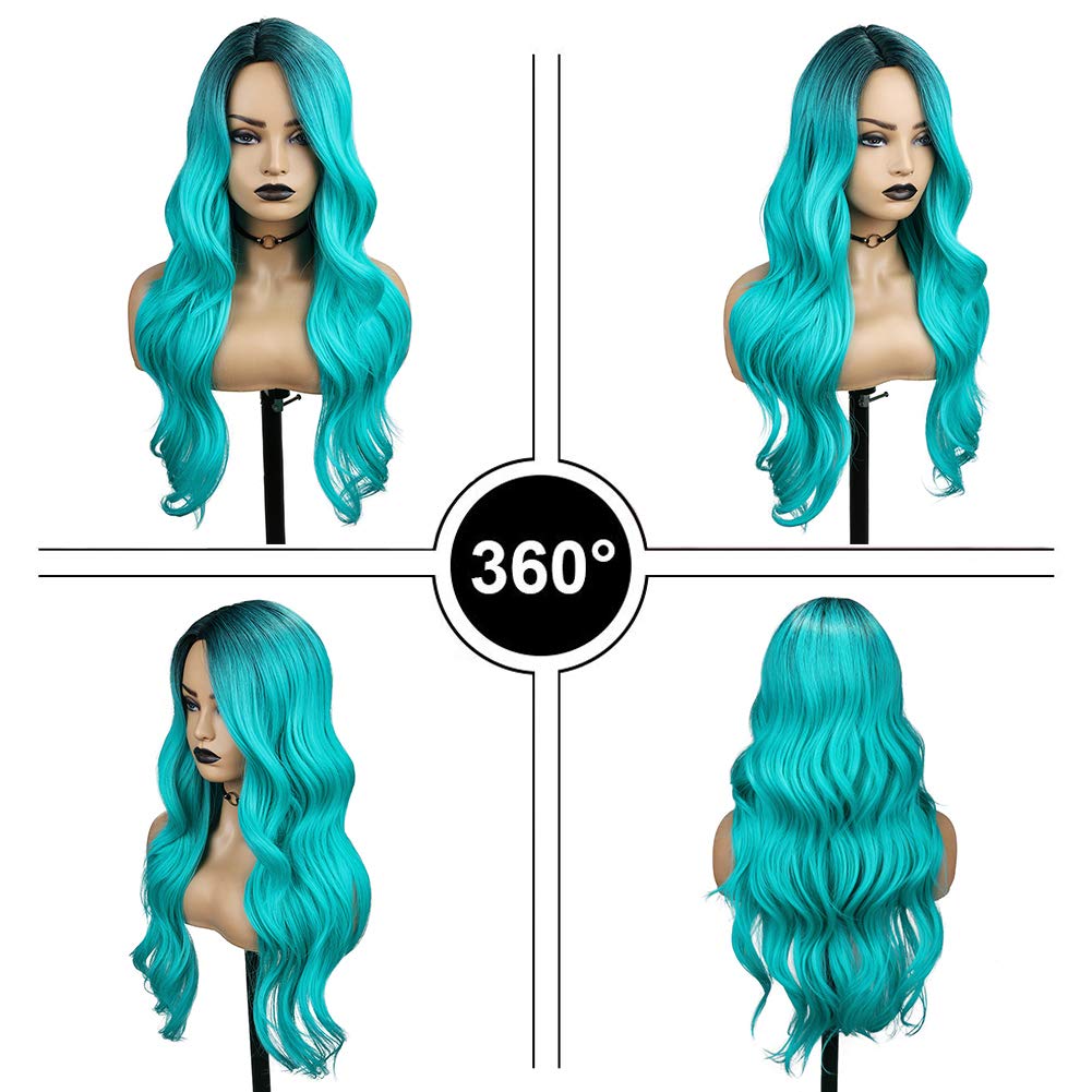 Ombre Black Roots Teal Curly Wig