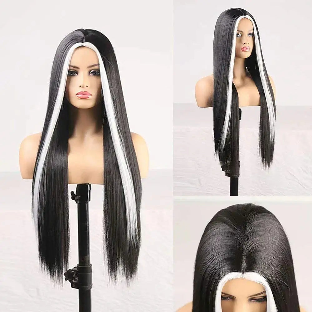Black Hair White Streak Hair Wigs with Bangs