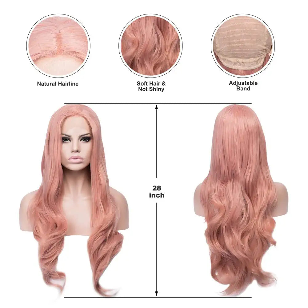 Pink Rose Gold Long Wave Lace Front Wigs