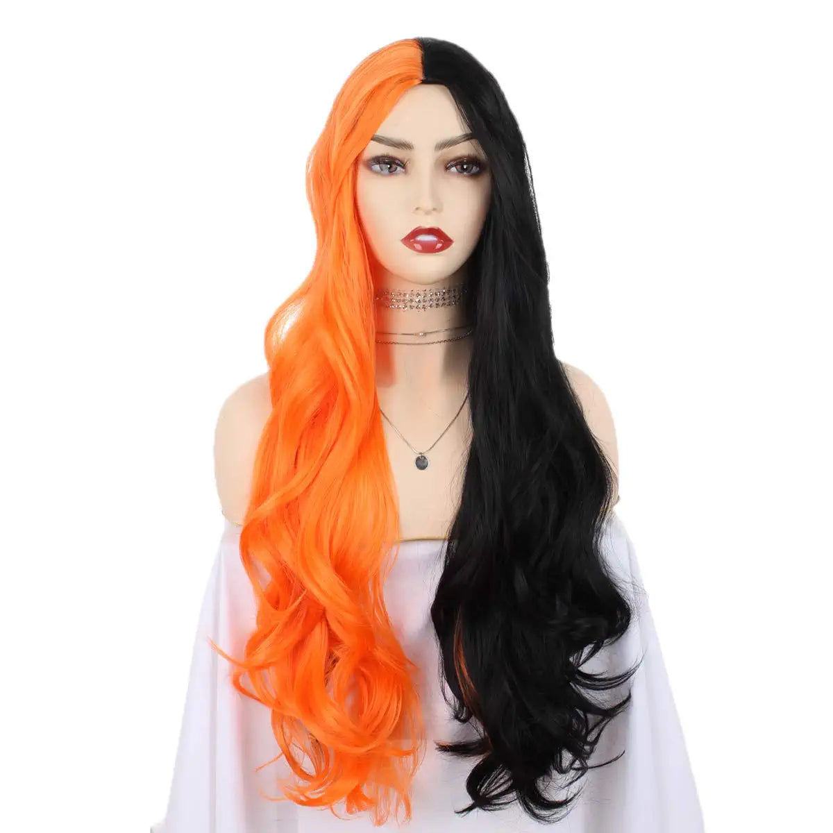 Half Black Half Orange Long Straight Synthetic Wig
