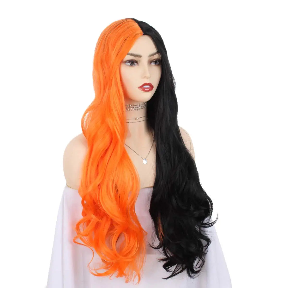 Half Black Half Orange Long Straight Synthetic Wig