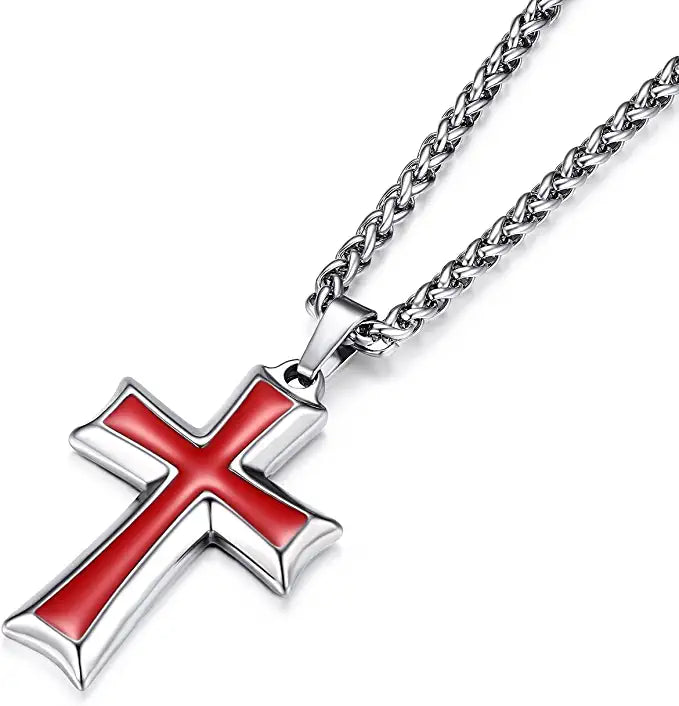 Silver & Red-Men's Stainless Steel Cross Pendant Necklace