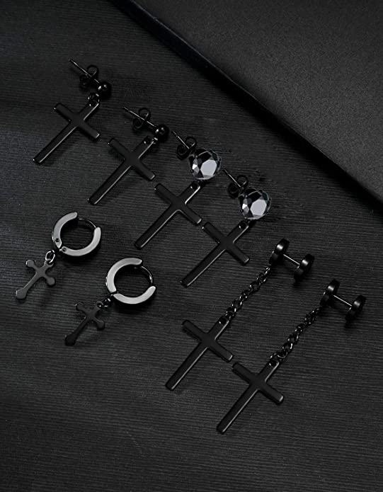 Black Stainless Steel Cross Dangle Earrings