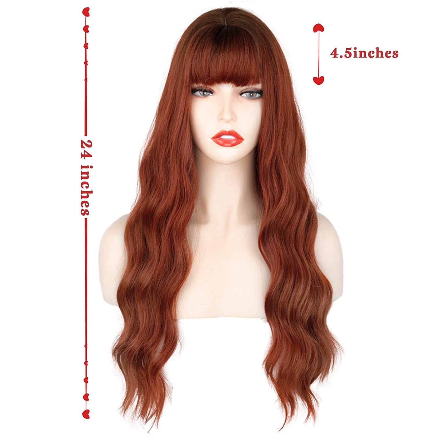 Ombre Auburn Long Orange Wig with Bangs Wavy Curly Ginger Bangs Wig