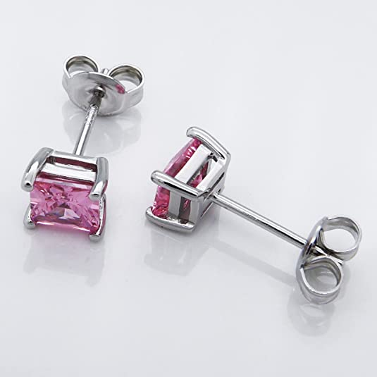 Created Pink Topaz 925 Streling SIlver Stud Earrings