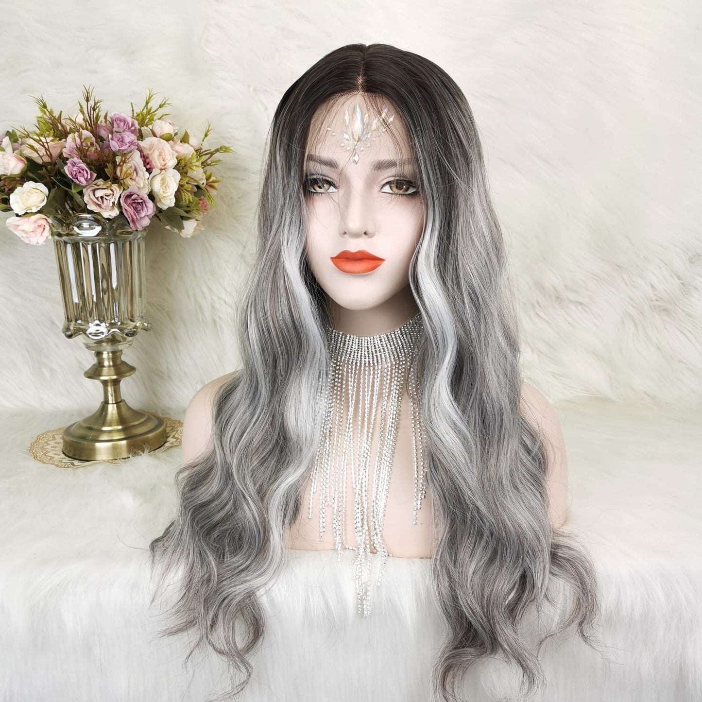 Dirty Gray Wigs Mixed Sliver Lace Front Wig Long Loose Wave Grey Synthetic Fiber Hair Highlighted Wig