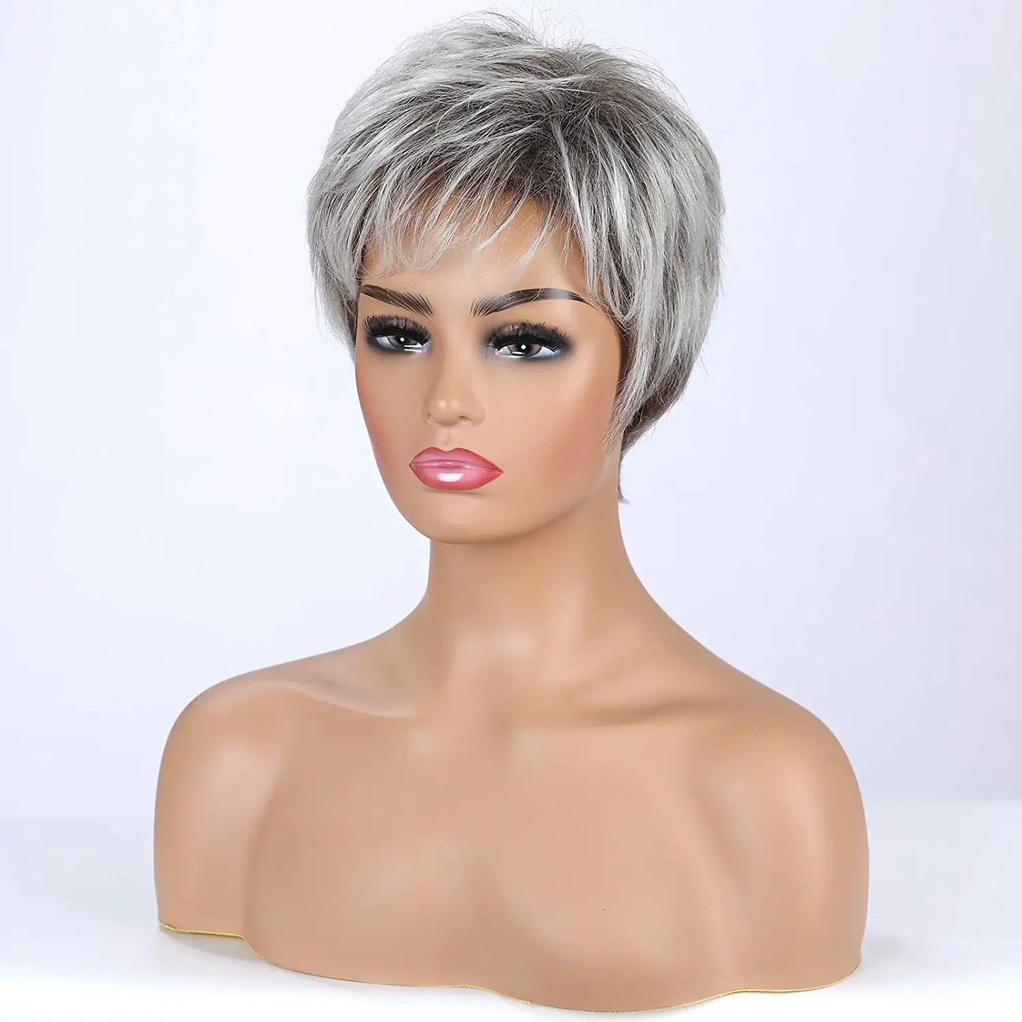 Short Pixie Cute Ombre Gray Human Hair Blend Wigs