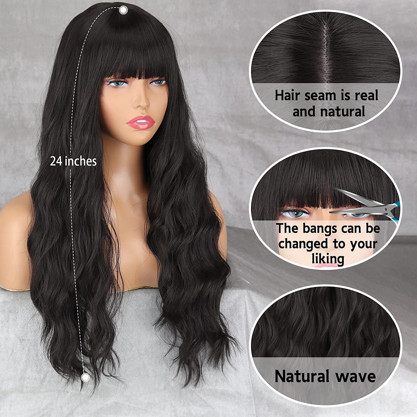 Wavy Black Bangs wigs,Long Wavy Black Wig with Bangs