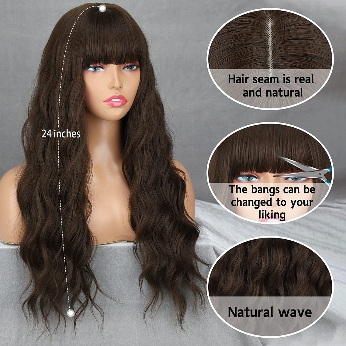 Long Brown Wavy Wig for Women Curly Long Dark Brown Wig with Bangs Natural Wavy Brown Hair Wig