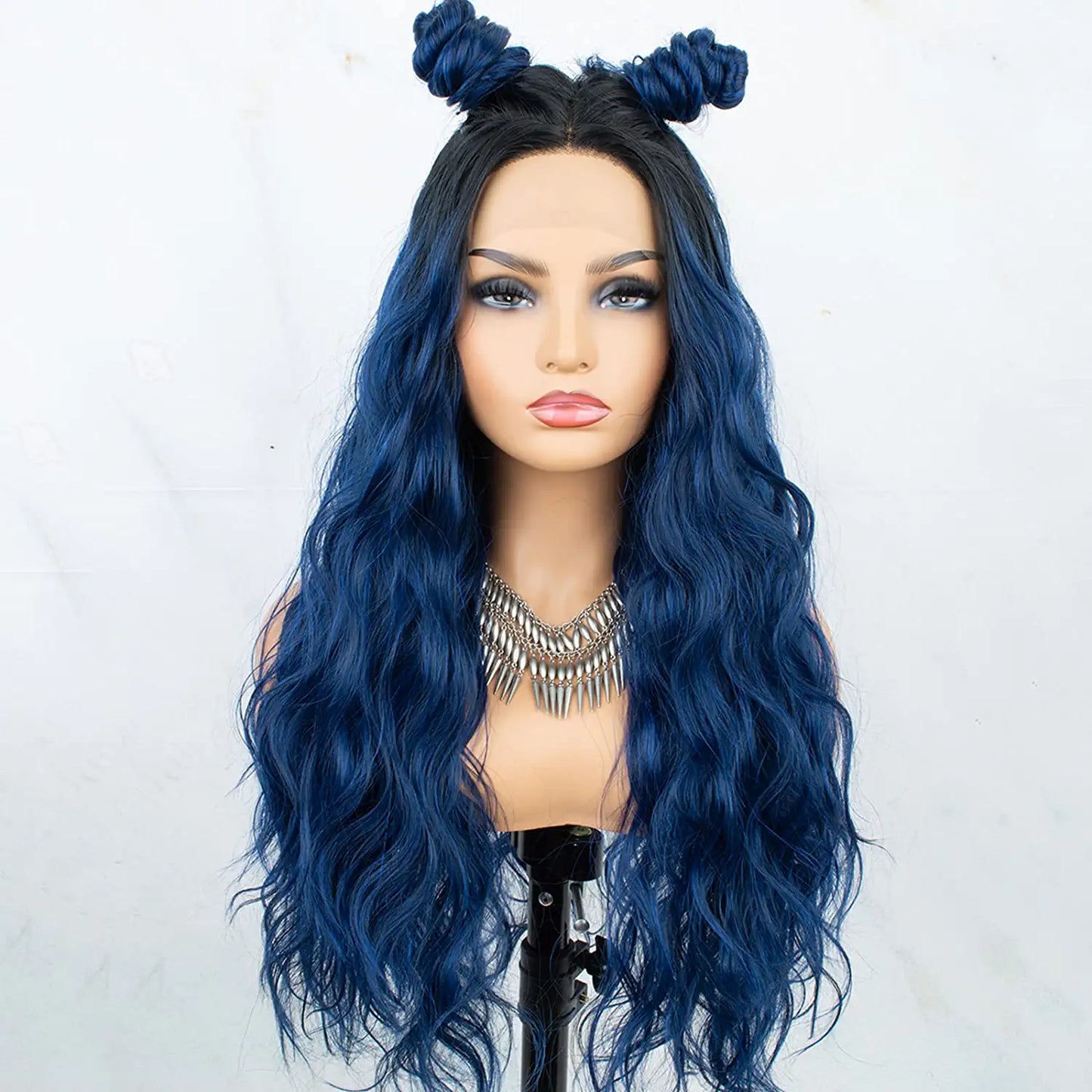 Ombre Blue-Black Roots Middle Parting Wavy Curly Lace Wig