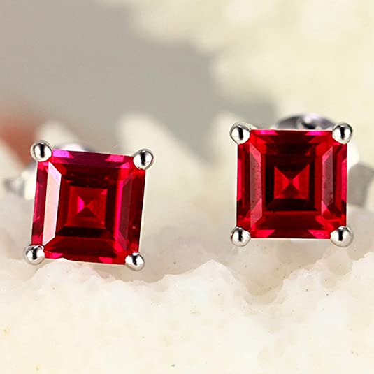 925 Sterling Silver Ruby Stud Earrings Red