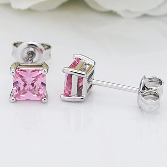 Created Pink Topaz 925 Streling SIlver Stud Earrings