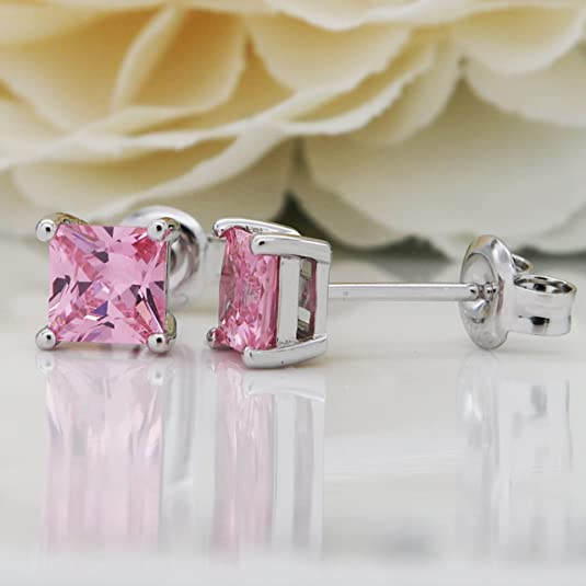 Created Pink Topaz 925 Streling SIlver Stud Earrings