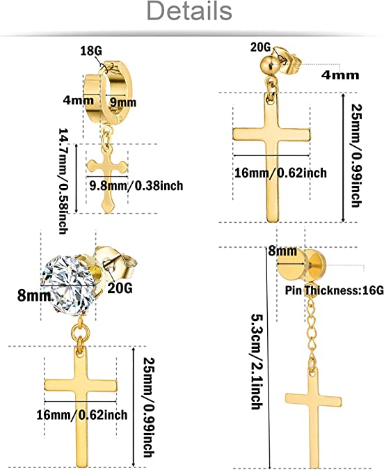 Gold Stainless Steel Cross Dangle Earrings
