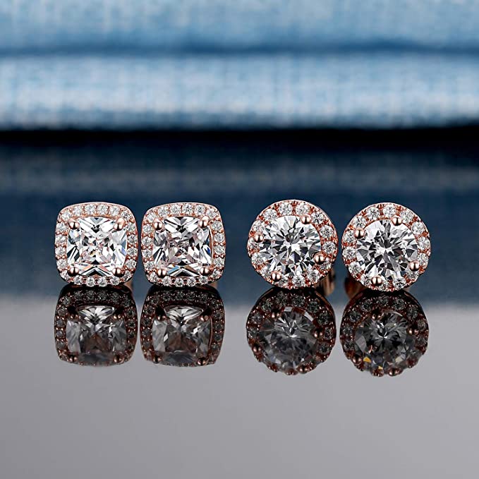 18K Rose Gold Plated Diamond Halo Stud Earrings