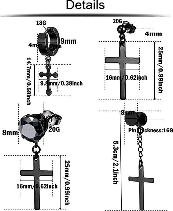 Black Stainless Steel Cross Dangle Earrings