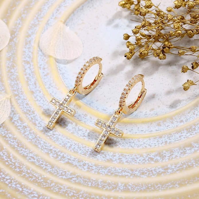 CZ Cross 14K Gold Plated Hoop Earrings
