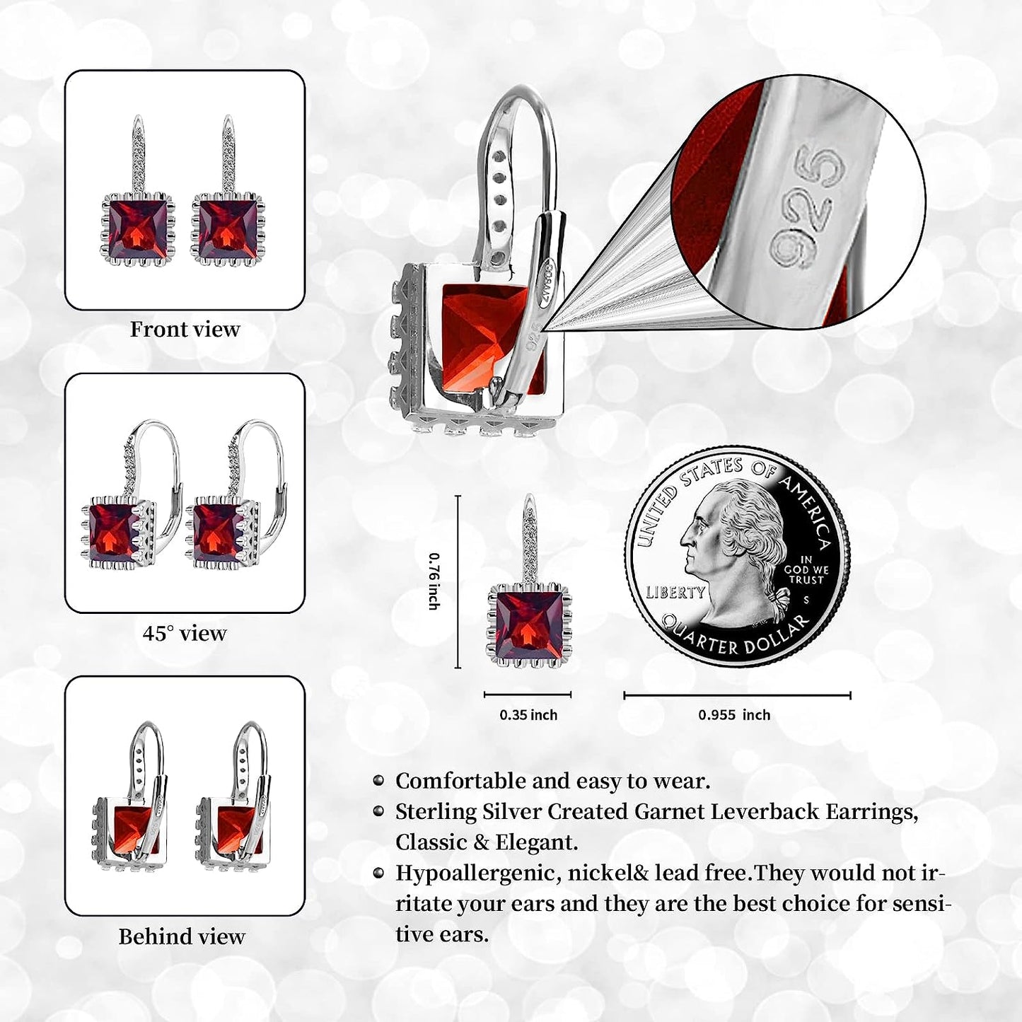 Garnet Princess Cut 925 Silver Earrings for Women