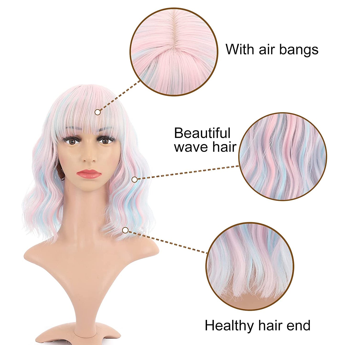 Short Wavy Pink Wig With Air Bangs
