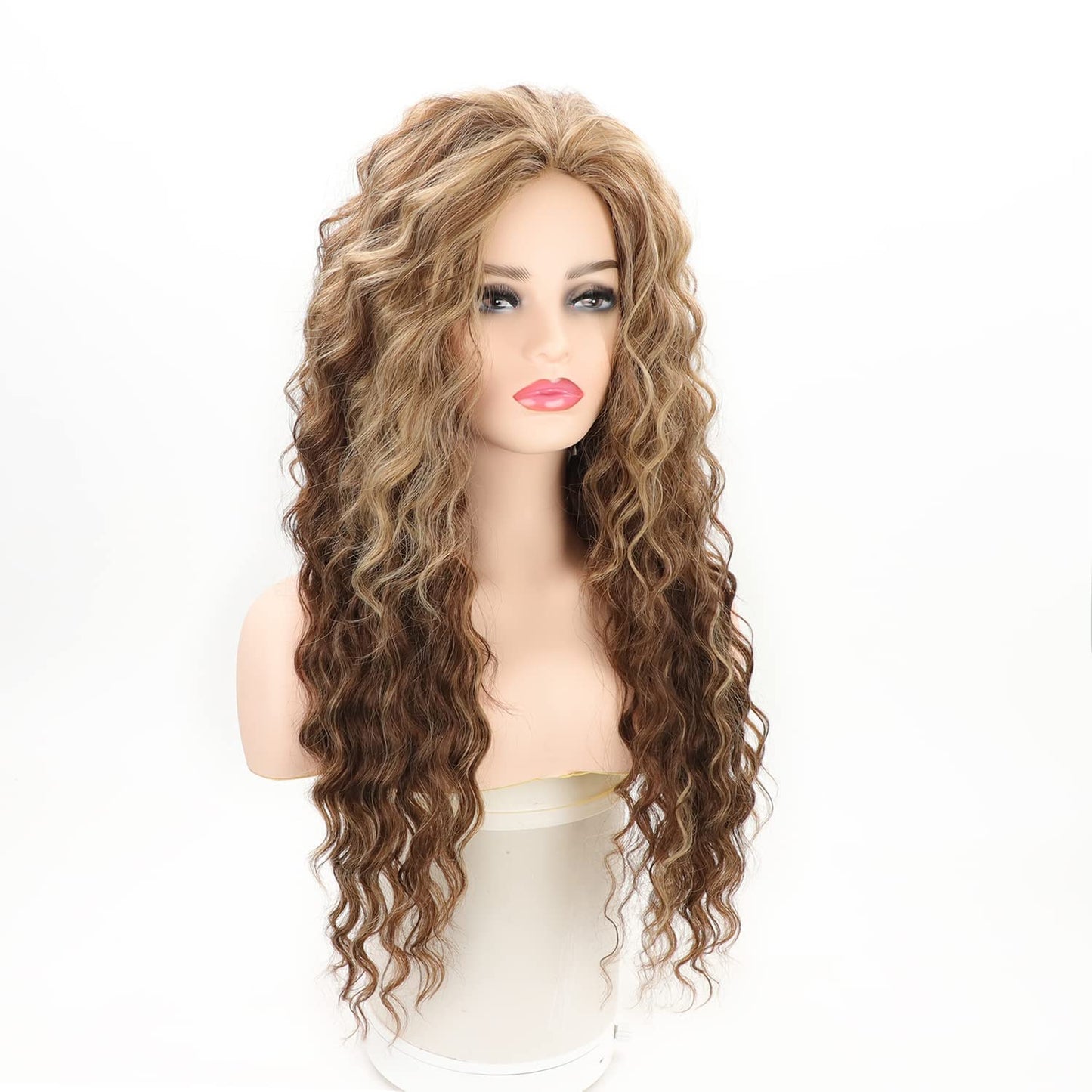 Brown with Blonde Highlights Long Curly Wigs for Women Free Part Layered Wavy Wig