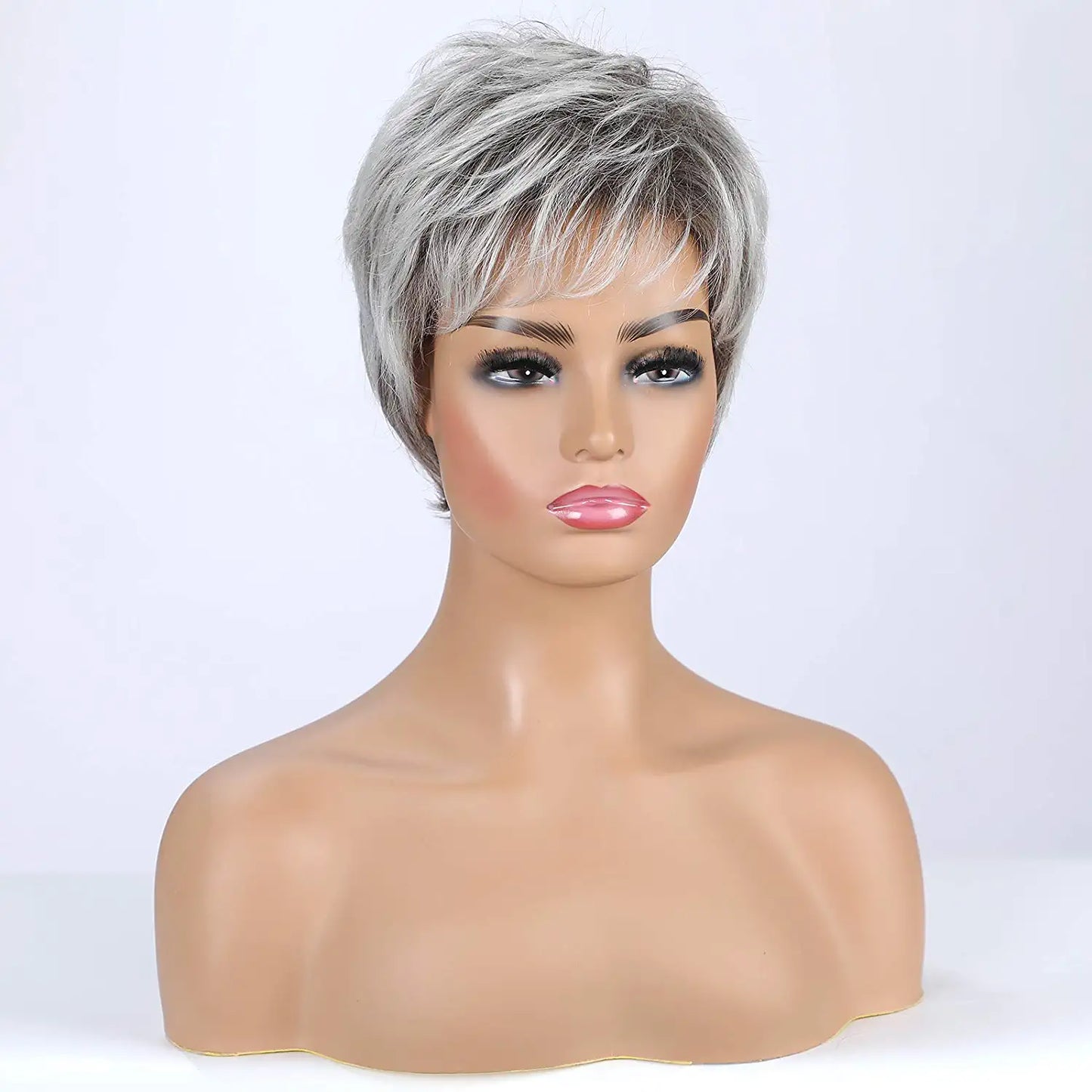 Short Pixie Cute Ombre Gray Human Hair Blend Wigs