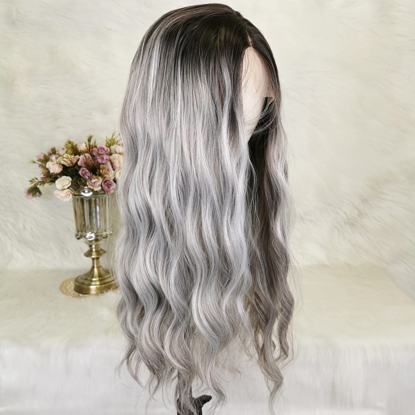 Dirty Gray Wigs Mixed Sliver Lace Front Wig Long Loose Wave Grey Synthetic Fiber Hair Highlighted Wig