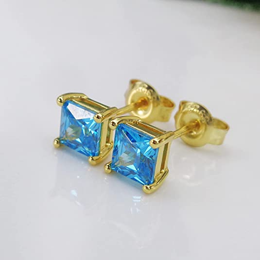 18k Gold Plated Lake Blue Created Topaz Stud Earrings