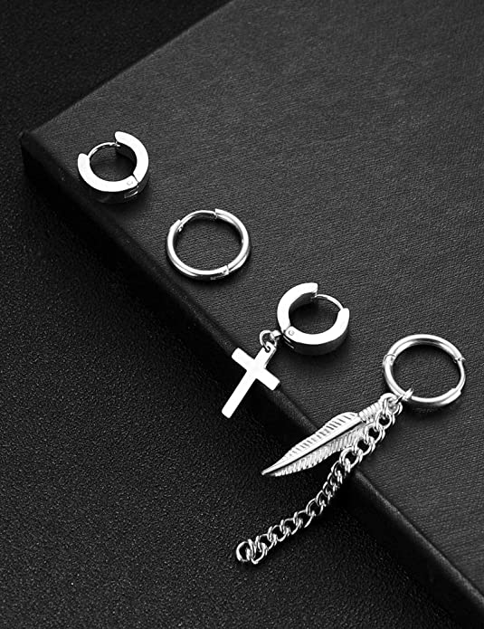 Silver Stainless Steel Cross Hoop Earrings