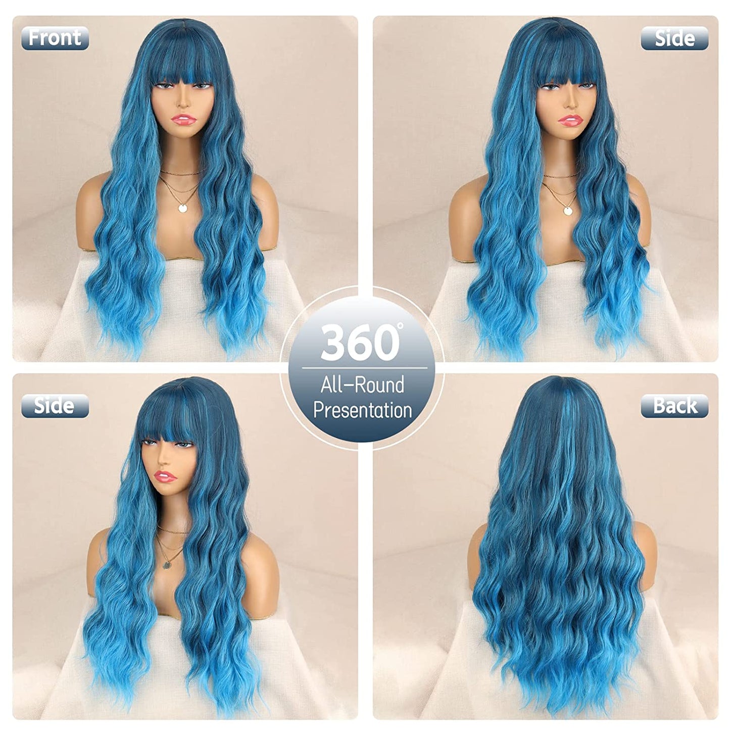 Long Wavy Blue Wig with Bangs