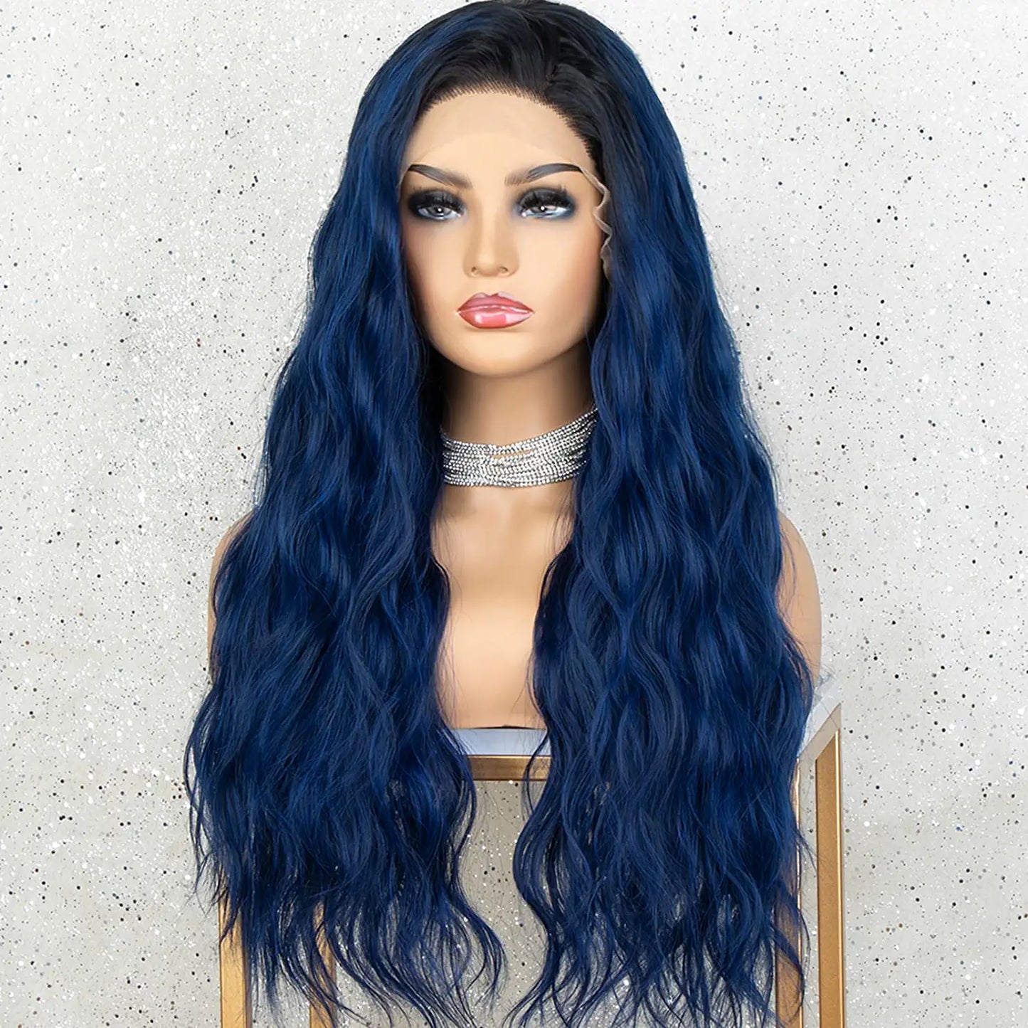 Ombre Blue-Black Roots Middle Parting Wavy Curly Lace Wig