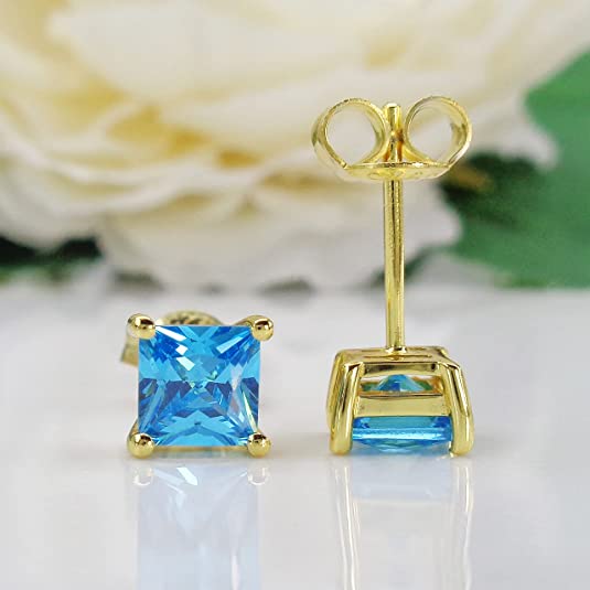 18k Gold Plated Lake Blue Created Topaz Stud Earrings