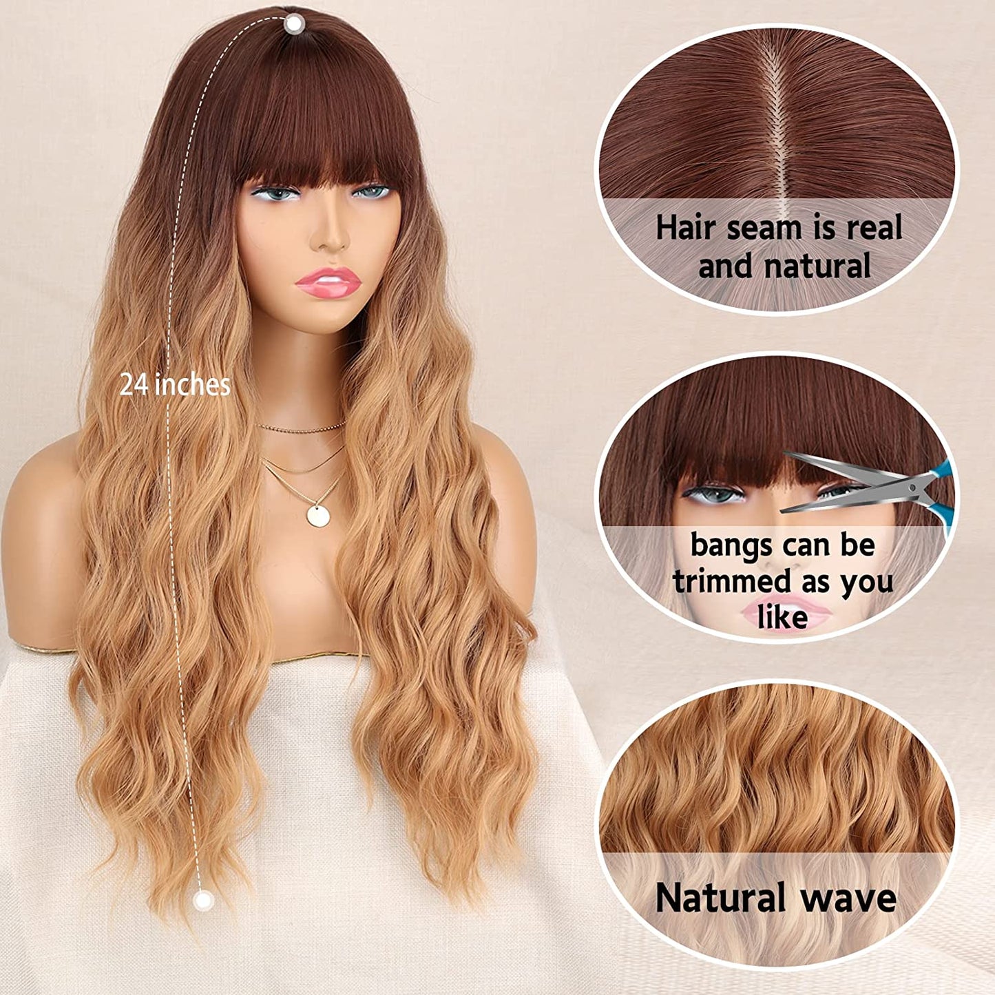Long Blonde Wavy Wigs With Bangs for Women