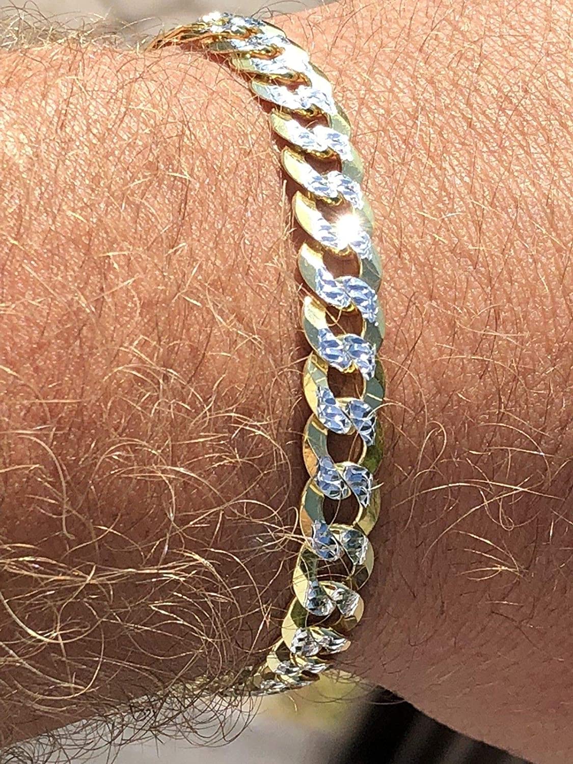 14KGold -Solid 925 Sterling Silver Bracelet Diamond Pave Bracelet.Men's Cuban Link Bracelet 14k Gold Over Solid 925 Sterling Silver Bracelet - 8.5" 8mm - Two Tone Diamond Cut Pave