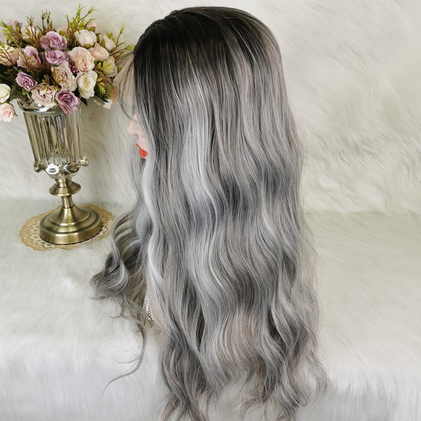 Dirty Gray Wigs Mixed Sliver Lace Front Wig Long Loose Wave Grey Synthetic Fiber Hair Highlighted Wig