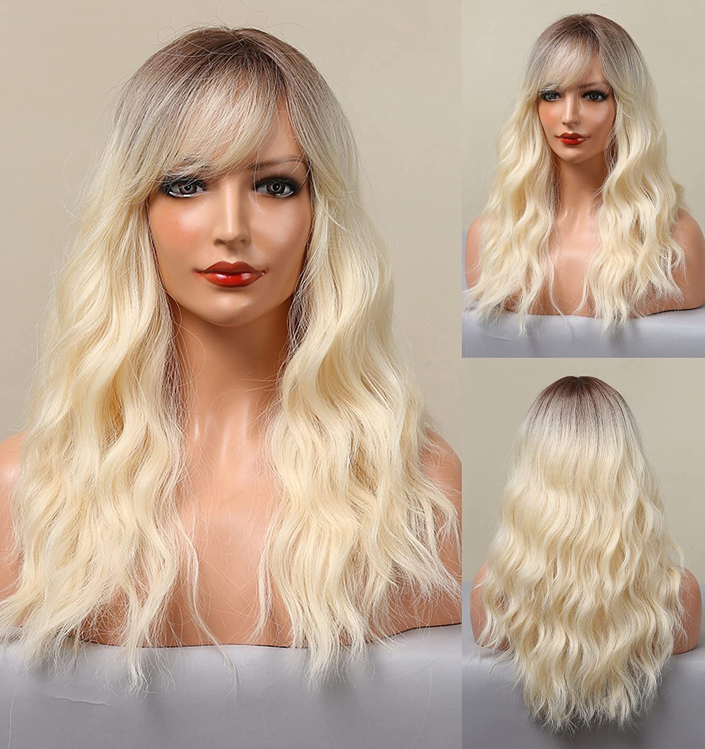 Ombre Platinum Blonde Curly Wigs With Curtain Bangs