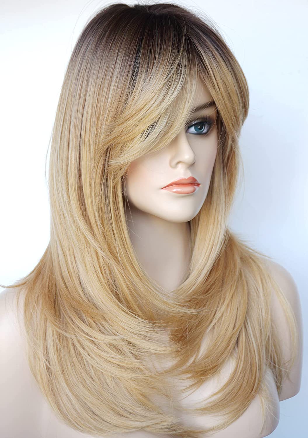 Blonde with Dark Root Long Layered Shoulder Length Wig
