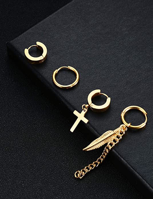 4 Pairs Stainless Steel Cross Dangle Hinged Hoop Earrings
