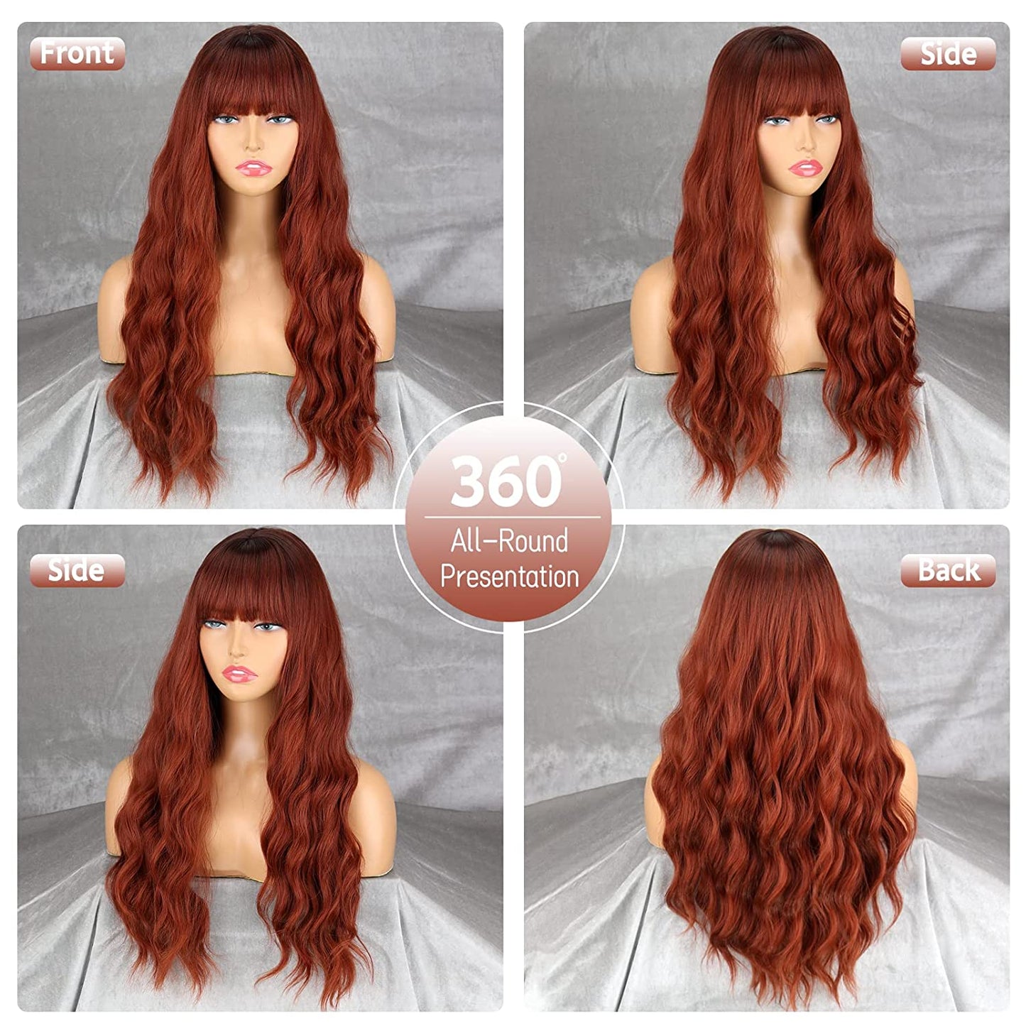 Long Auburn Wig with Bangs,Natural Long Curly Ginger Wigs for Women,Synthetic Cosplay Party Ombre Copper Wig(Auburn)