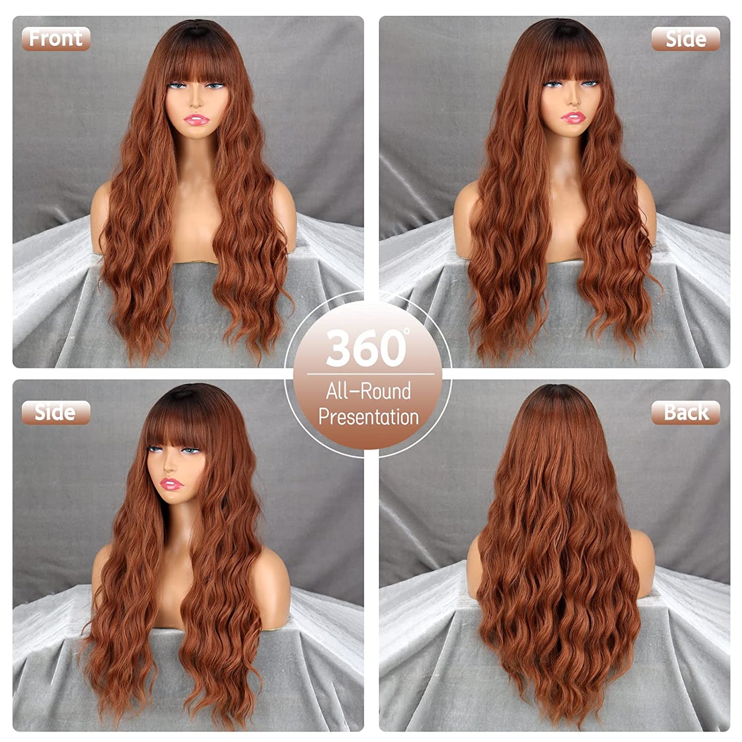 Long Wavy Light Brown Wig with BangsSynthetic Dark Brown Wigs