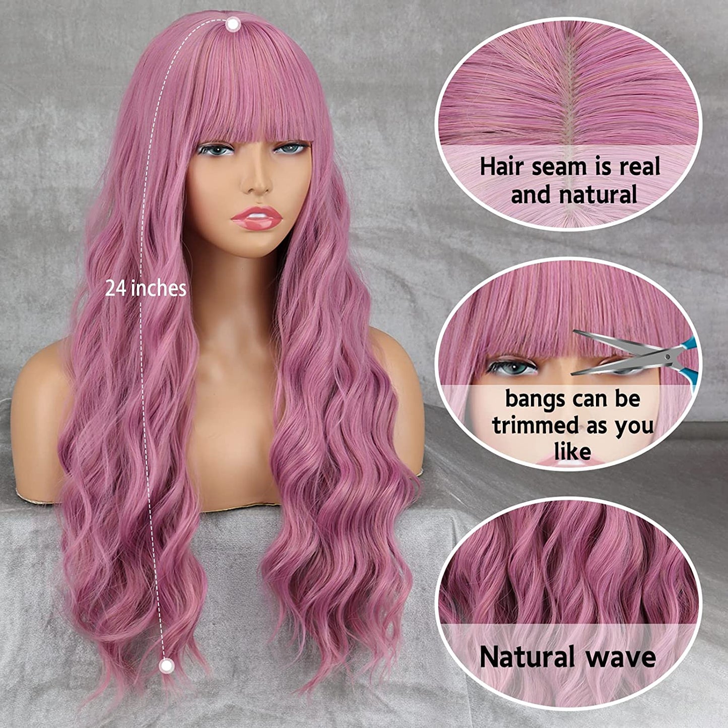 Purple Wig with Bangs,Long Lacender Bangs WigsPurple
